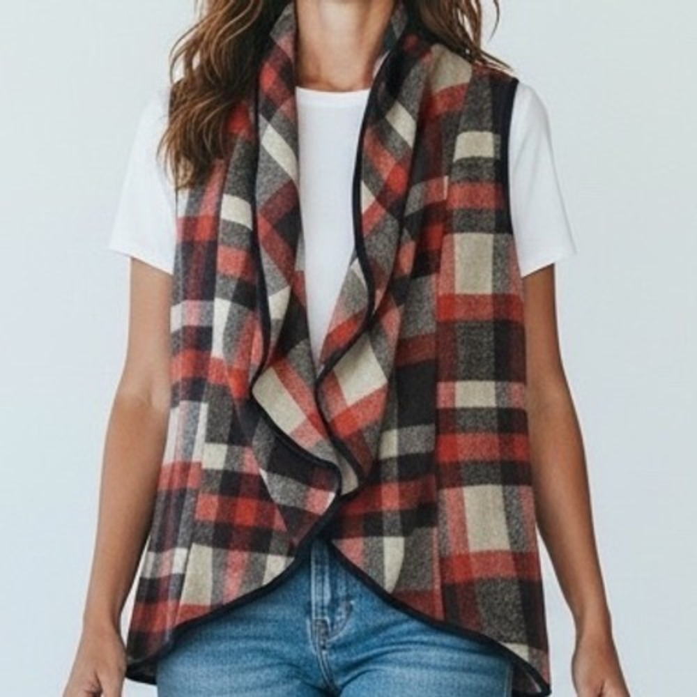 YACUN Plaid Open Front Waterfall Vest Women's Small 70s vibes gorpcore